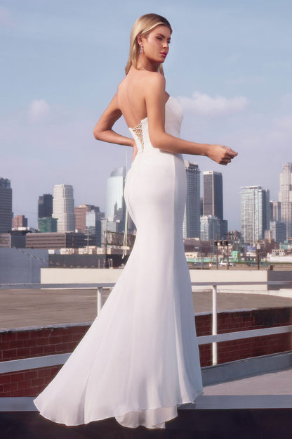 Ladivine 7434W Strapless Chiffon Fitted Off-White Dress by DiscountDressShop