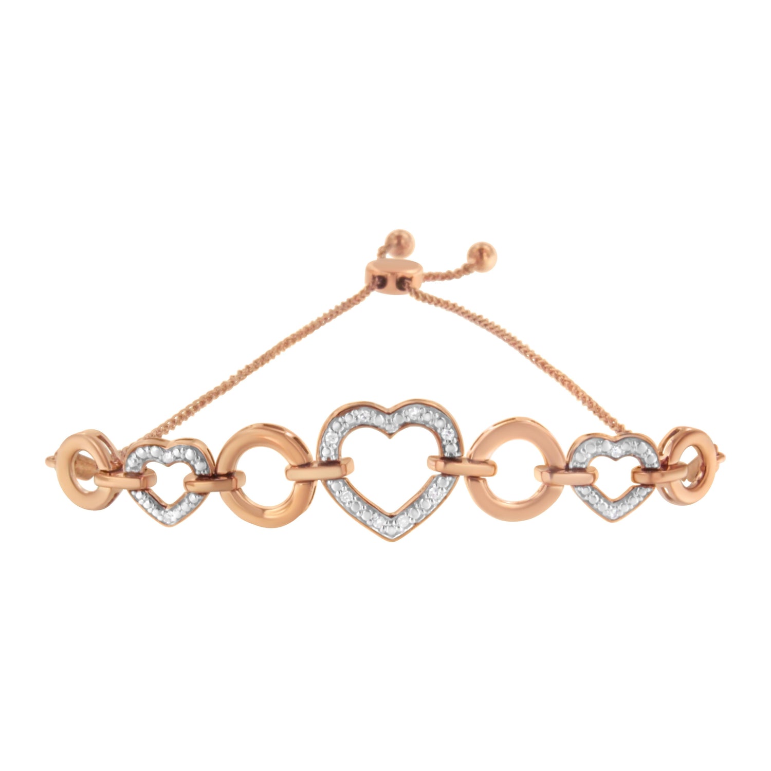 10K Rose Gold over .925 Sterling Silver 1/10 Cttw Round-Cut Diamond Heart Link Adjustable Bolo Bracelet (H-I Color, I2-I3 Clarity) - 6"-9" Adjustable by Bids.com