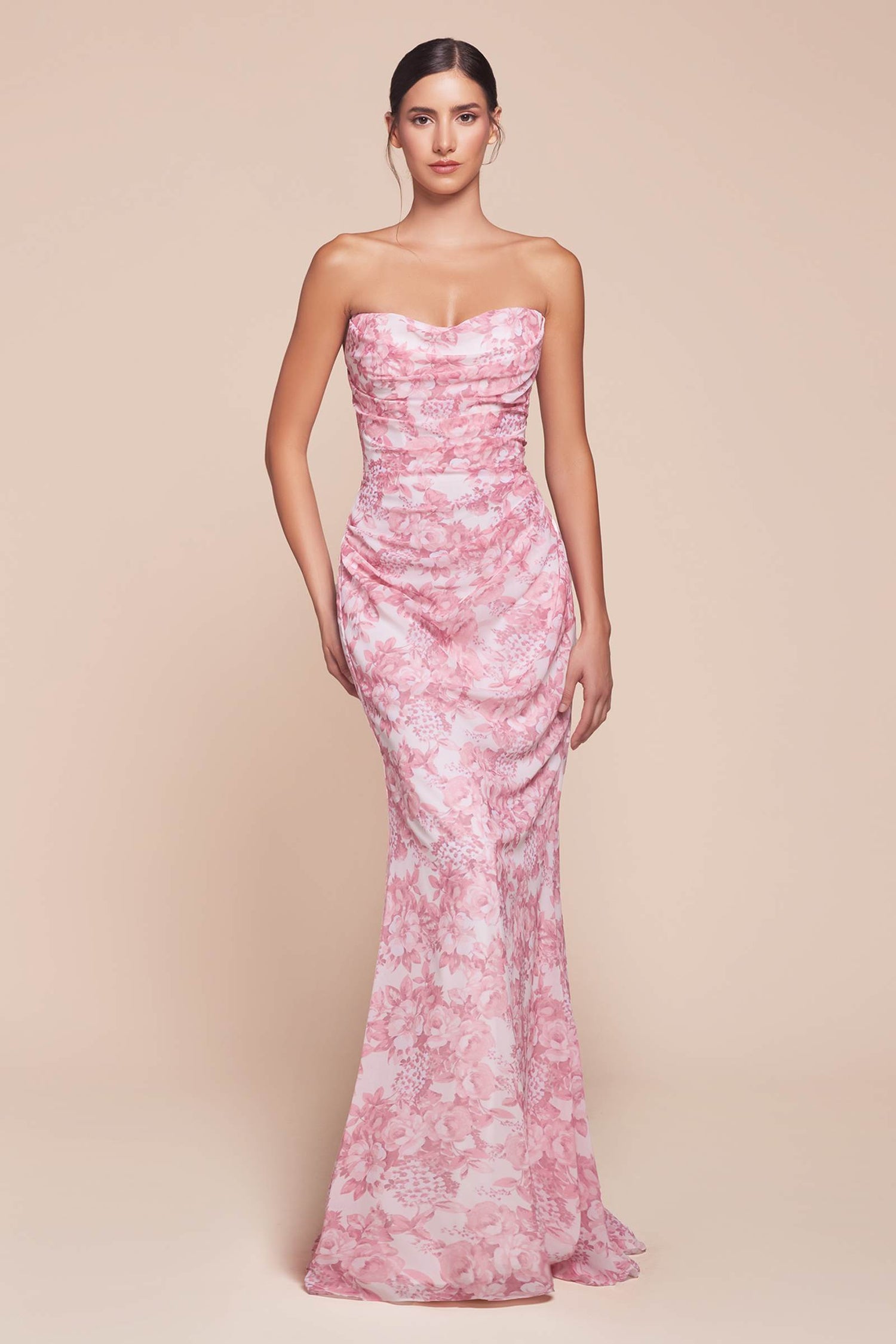 Ladivine 7445 Dress Strapless Floral Printed Fitted Soft Satin Dress by DiscountDressShop