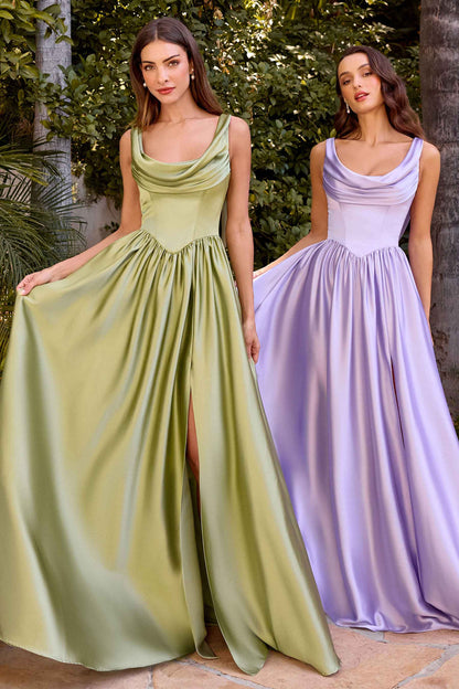 Ladivine 7446 A-Line Fitted Bodice Cowl Neckline Satin Dress by DiscountDressShop