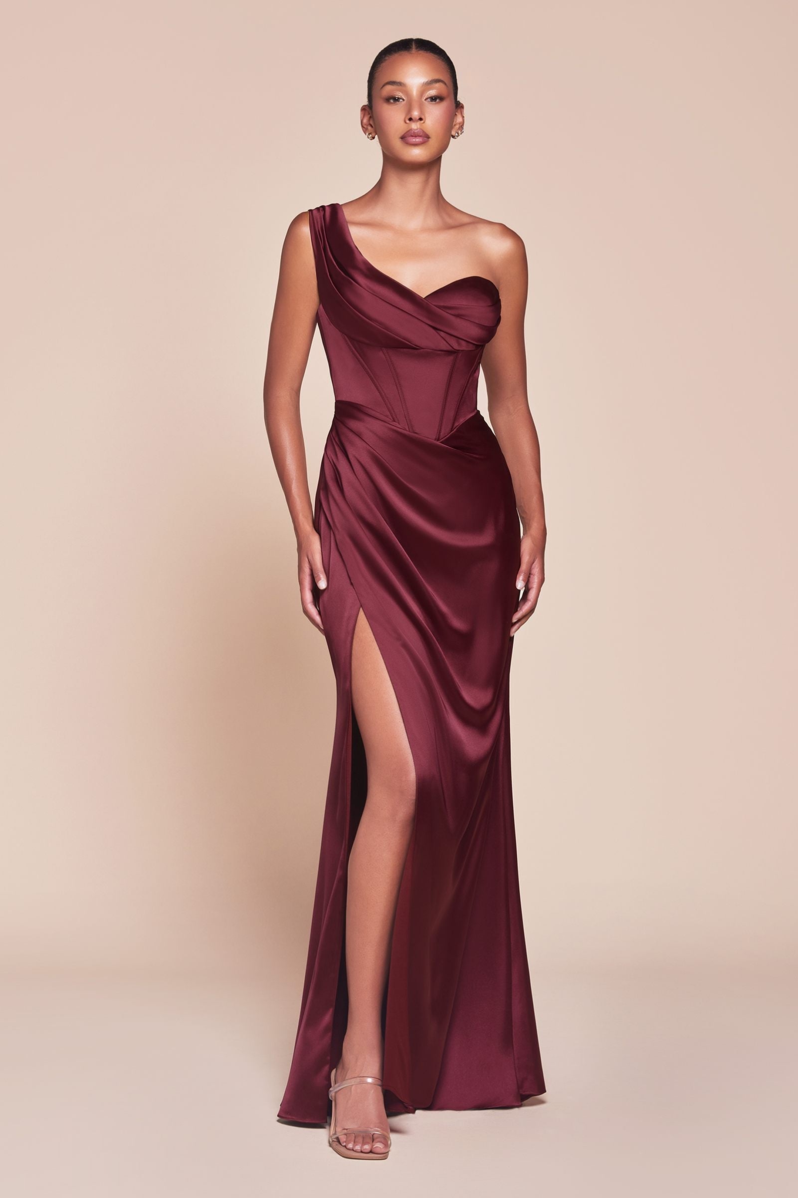 Ladivine 7448 Dress Long One Shoulder Satin Corset Gown by DiscountDressShop