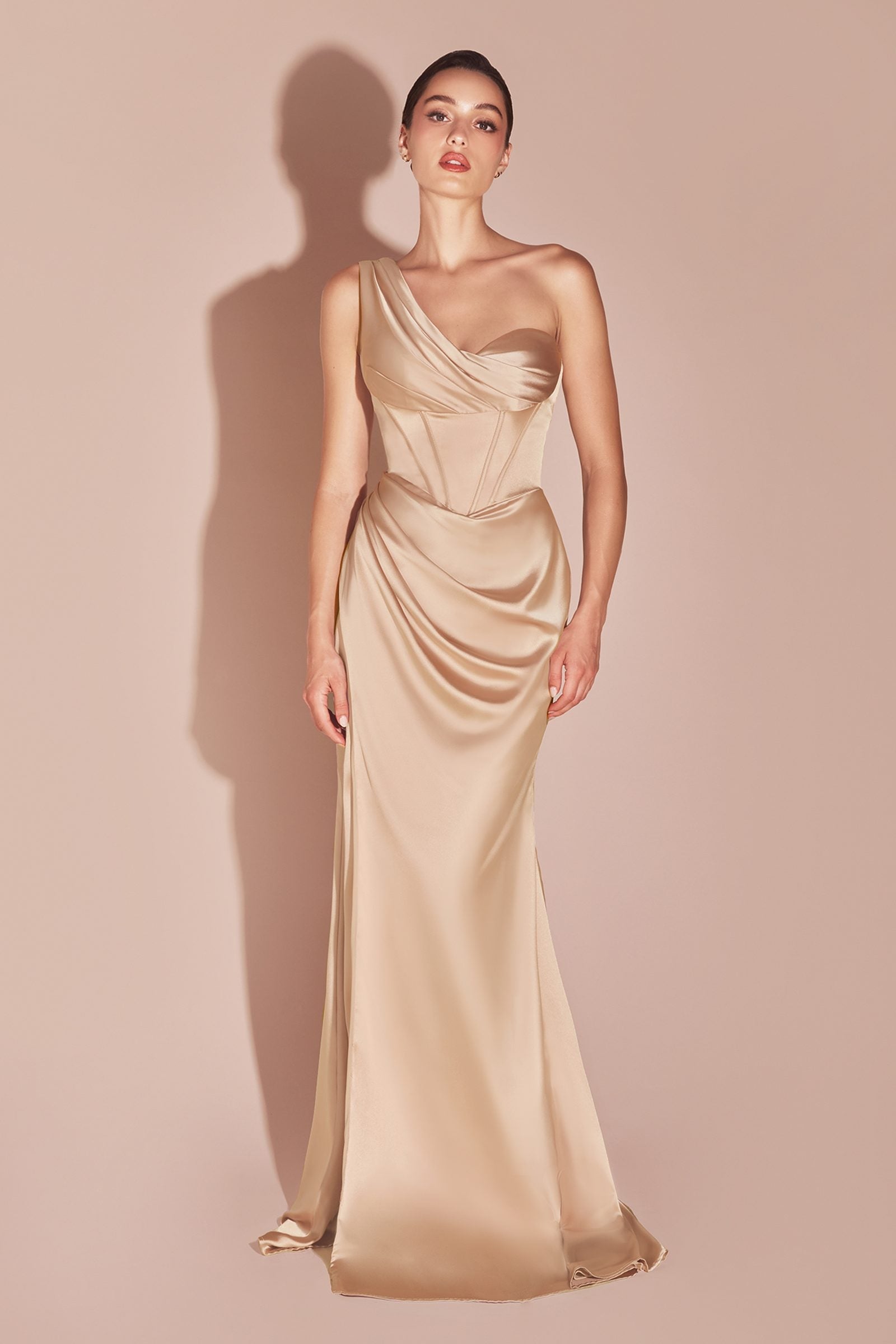 Ladivine 7448 Dress Long One Shoulder Satin Corset Gown by DiscountDressShop