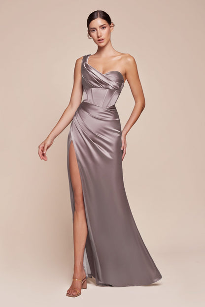 Ladivine 7448 Dress Long One Shoulder Satin Corset Gown by DiscountDressShop