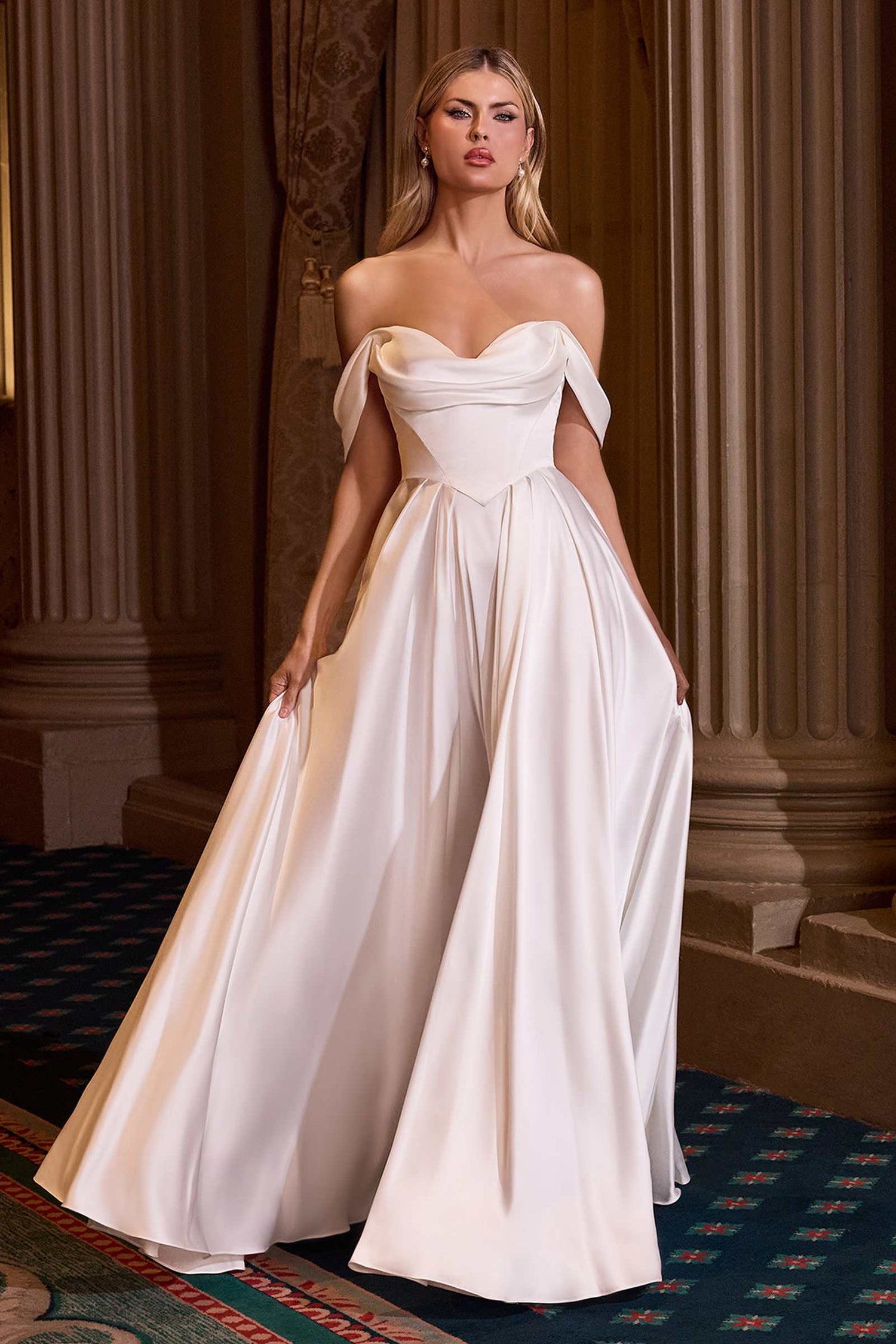 Ladivine 7449W A-Line Fitted Bodice Off the Shoulder Satin Wedding Dress by DiscountDressShop