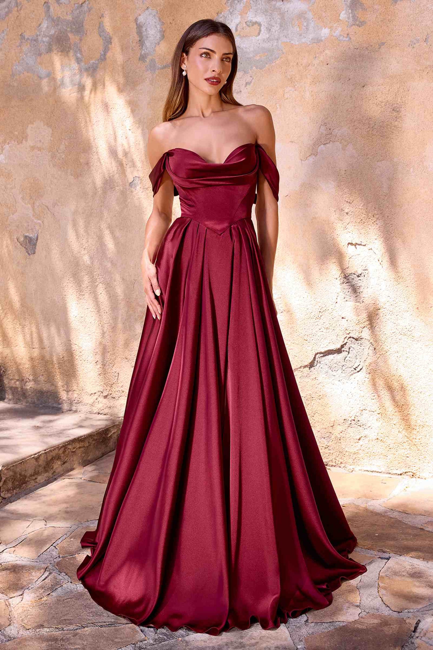 Ladivine 7449 A-Line Fitted Bodice Off the Shoulder Satin Dress by DiscountDressShop