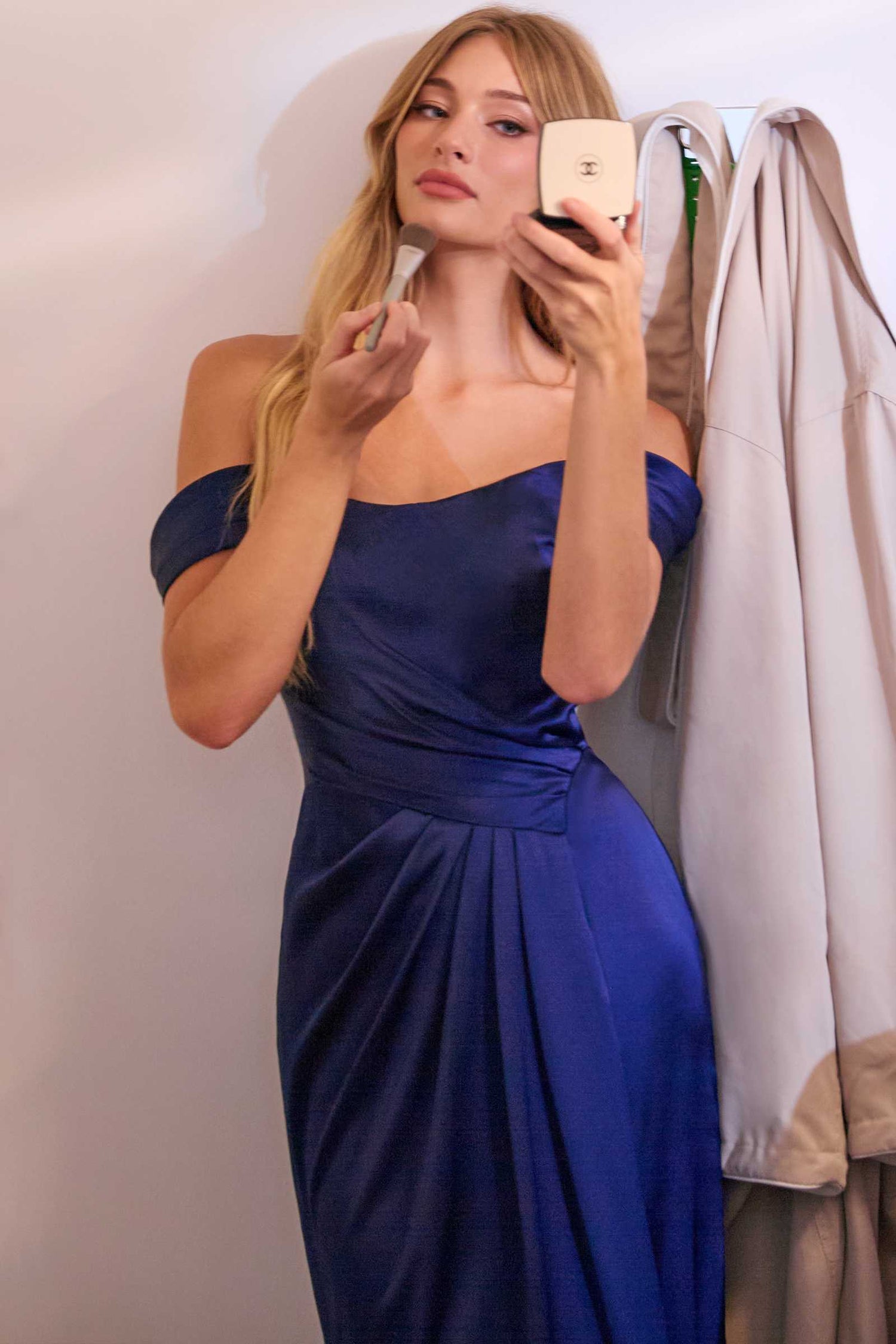 CLEARANCE - Ladivine 7452 Dress Off the Shoulder Sage Green Satin Gown (Size 10) by DiscountDressShop