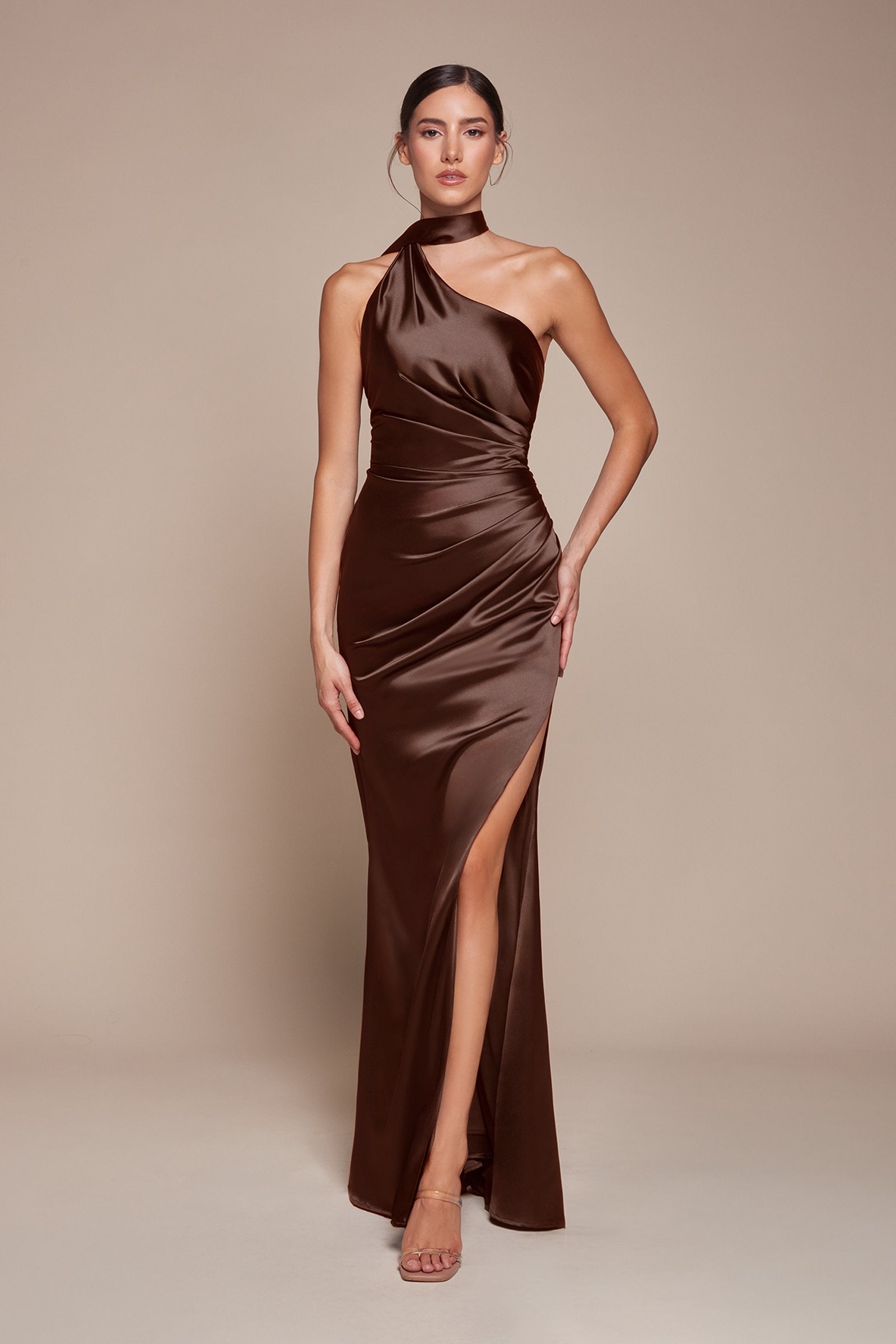 Ladivine 7454 Dress One Shoulder Luxe Satin Fitted Gown by DiscountDressShop