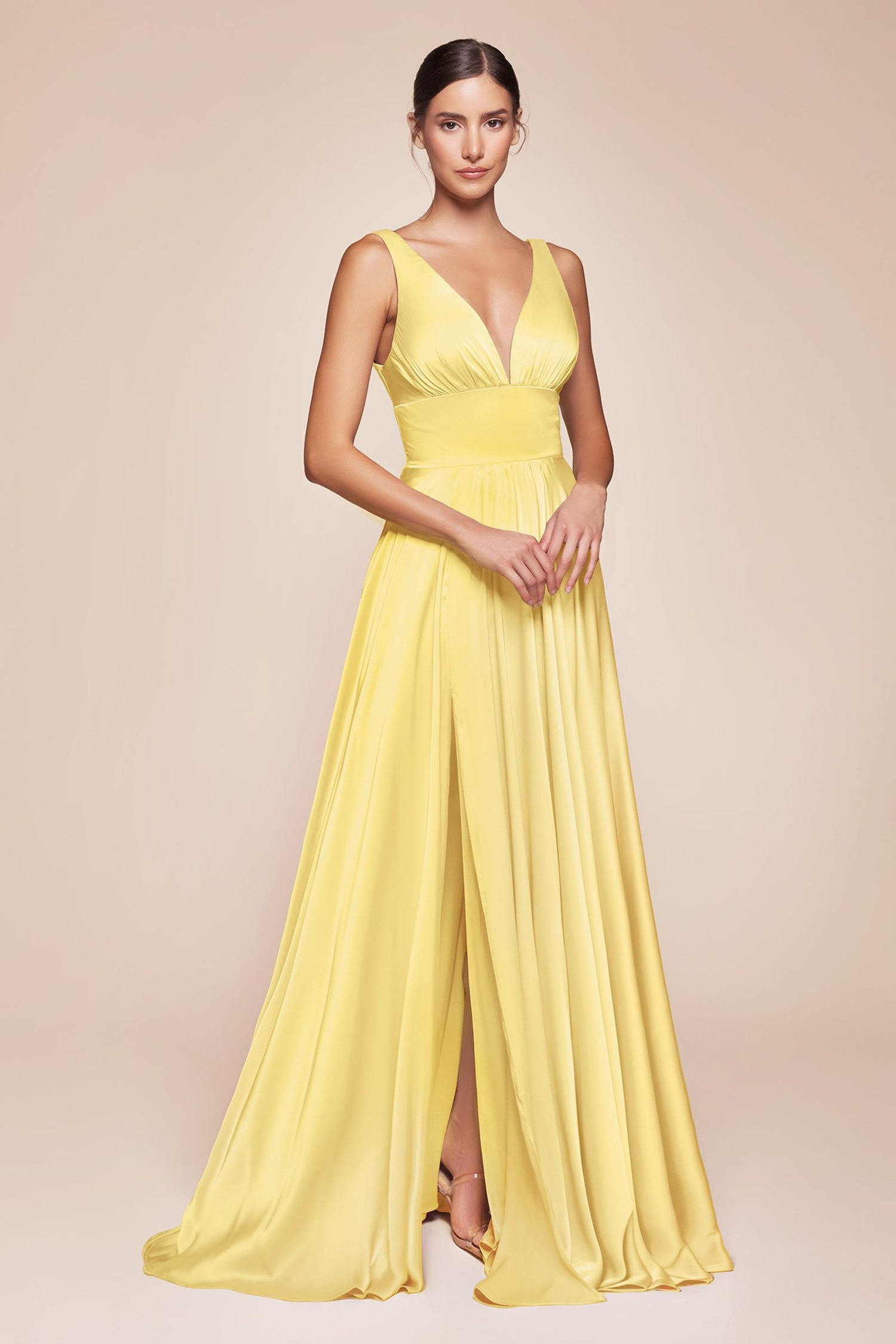 Ladivine 7469 Long Formal Evening Satin Dress with Slit by DiscountDressShop