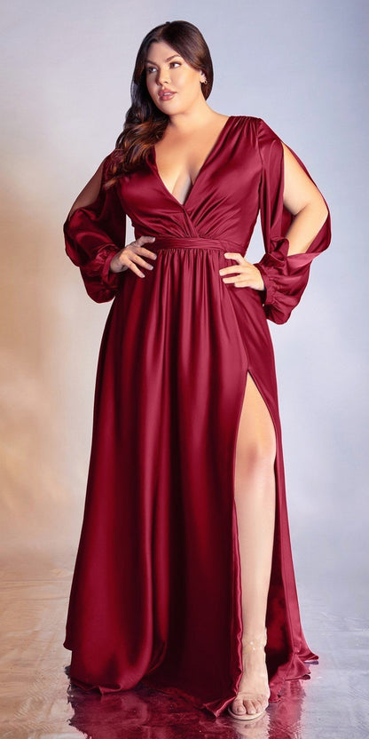 Ladivine 7475C Long Split Blouson Sleeve Formal Dress Thigh Split by DiscountDressShop