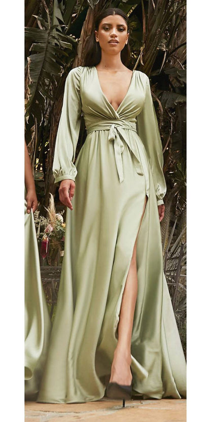 Ladivine 7475 Long Split Blouson Sleeve Formal Dress Thigh Split by DiscountDressShop
