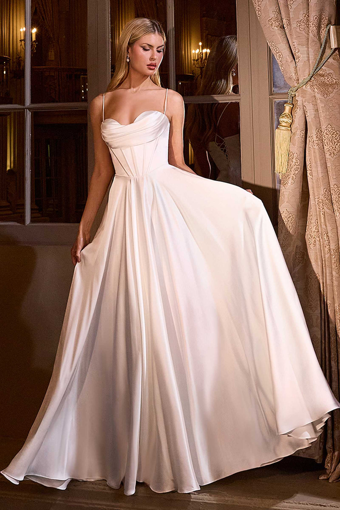 Ladivine 7481W A-Line Bridal Gown Pleated Neckline Spaghetti Straps by DiscountDressShop