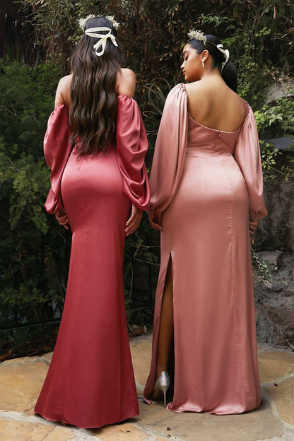 Cinderella Divine 7482 Long Sleeve Off the Shoulder Soft Satin Fitted Dress by DiscountDressShop
