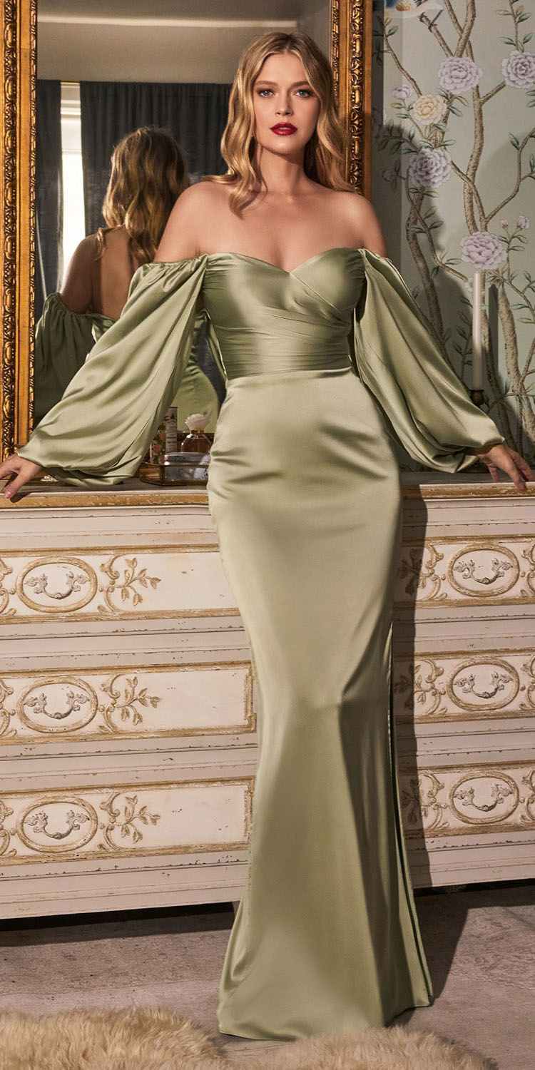Cinderella Divine 7482C Long Sleeve Off the Shoulder Soft Satin Fitted Dress by DiscountDressShop
