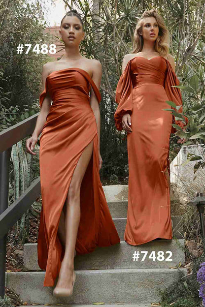 Cinderella Divine 7482C Long Sleeve Off the Shoulder Soft Satin Fitted Dress by DiscountDressShop