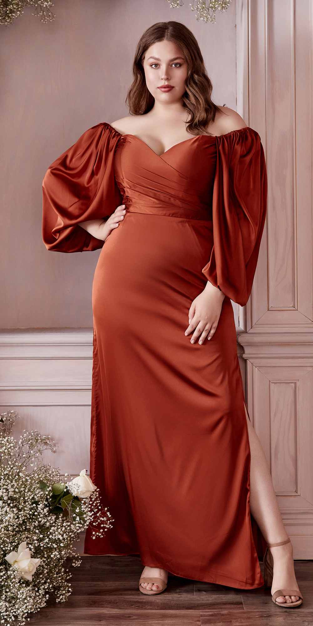 Cinderella Divine 7482C Long Sleeve Off the Shoulder Soft Satin Fitted Dress by DiscountDressShop