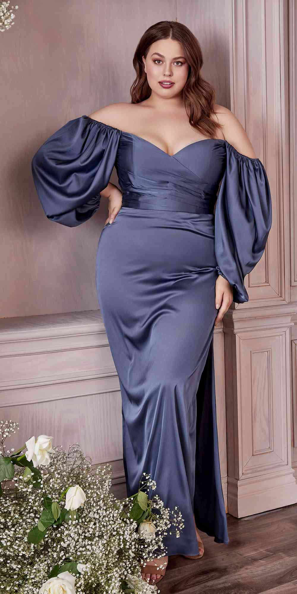 Cinderella Divine 7482C Long Sleeve Off the Shoulder Soft Satin Fitted Dress by DiscountDressShop