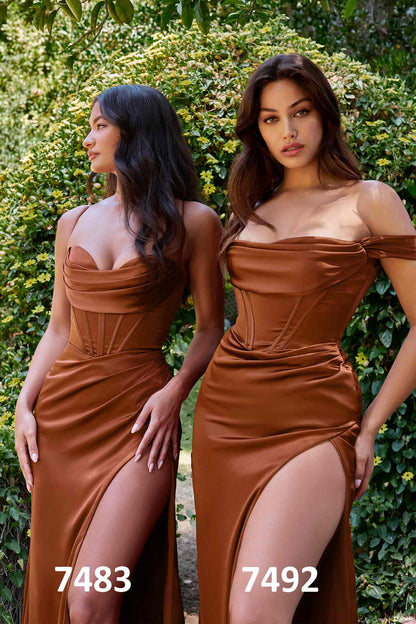 Cinderella Divine 7483 Long Corset Cowl Neckline Formal Satin Gown by DiscountDressShop