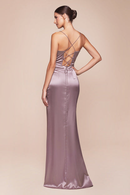 Cinderella Divine 7483 Long Corset Cowl Neckline Formal Satin Gown by DiscountDressShop