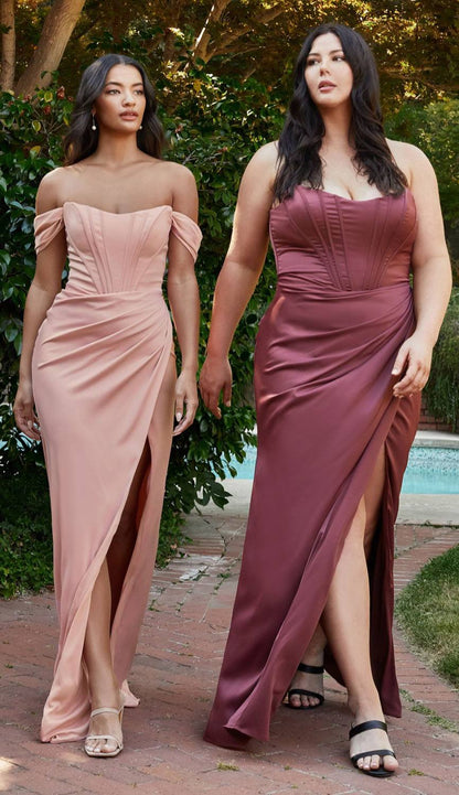 Cinderella Divine 7484C Plus Size Off the Shoulder Corset Satin Formal Gown by DiscountDressShop