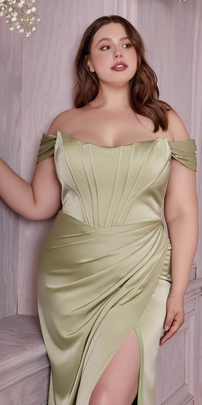 Cinderella Divine 7484 Long Off the Shoulder Corset Satin Formal Gown by DiscountDressShop