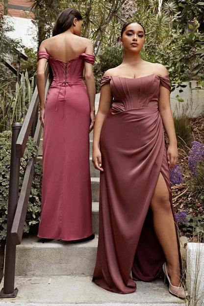 Cinderella Divine 7484C Plus Size Off the Shoulder Corset Satin Formal Gown by DiscountDressShop