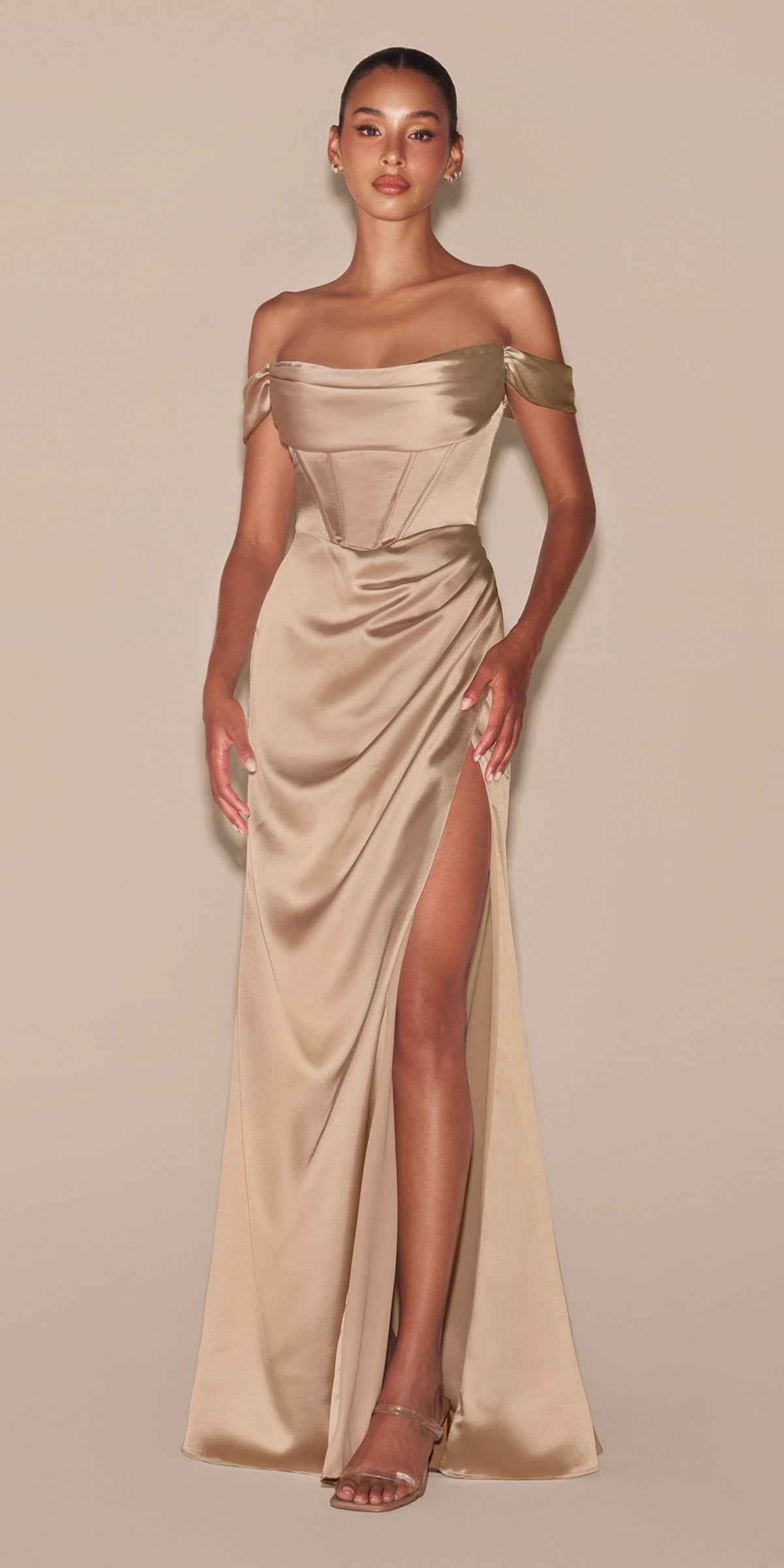 Cinderella Divine 7492 Satin Off the Shoulder Corset Satin Gown by DiscountDressShop