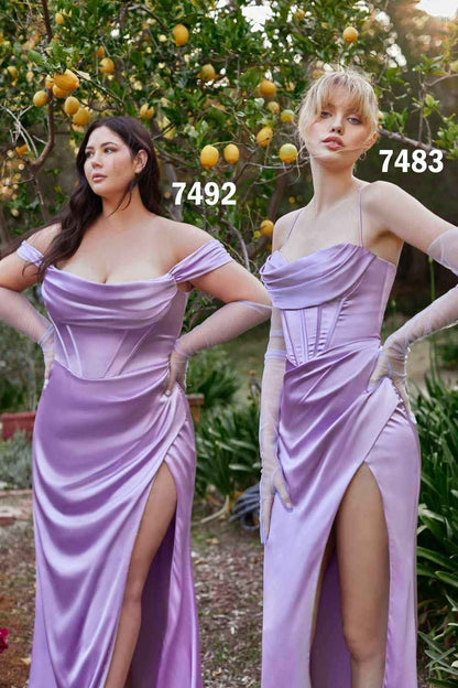Cinderella Divine 7492 Satin Off the Shoulder Corset Satin Gown by DiscountDressShop