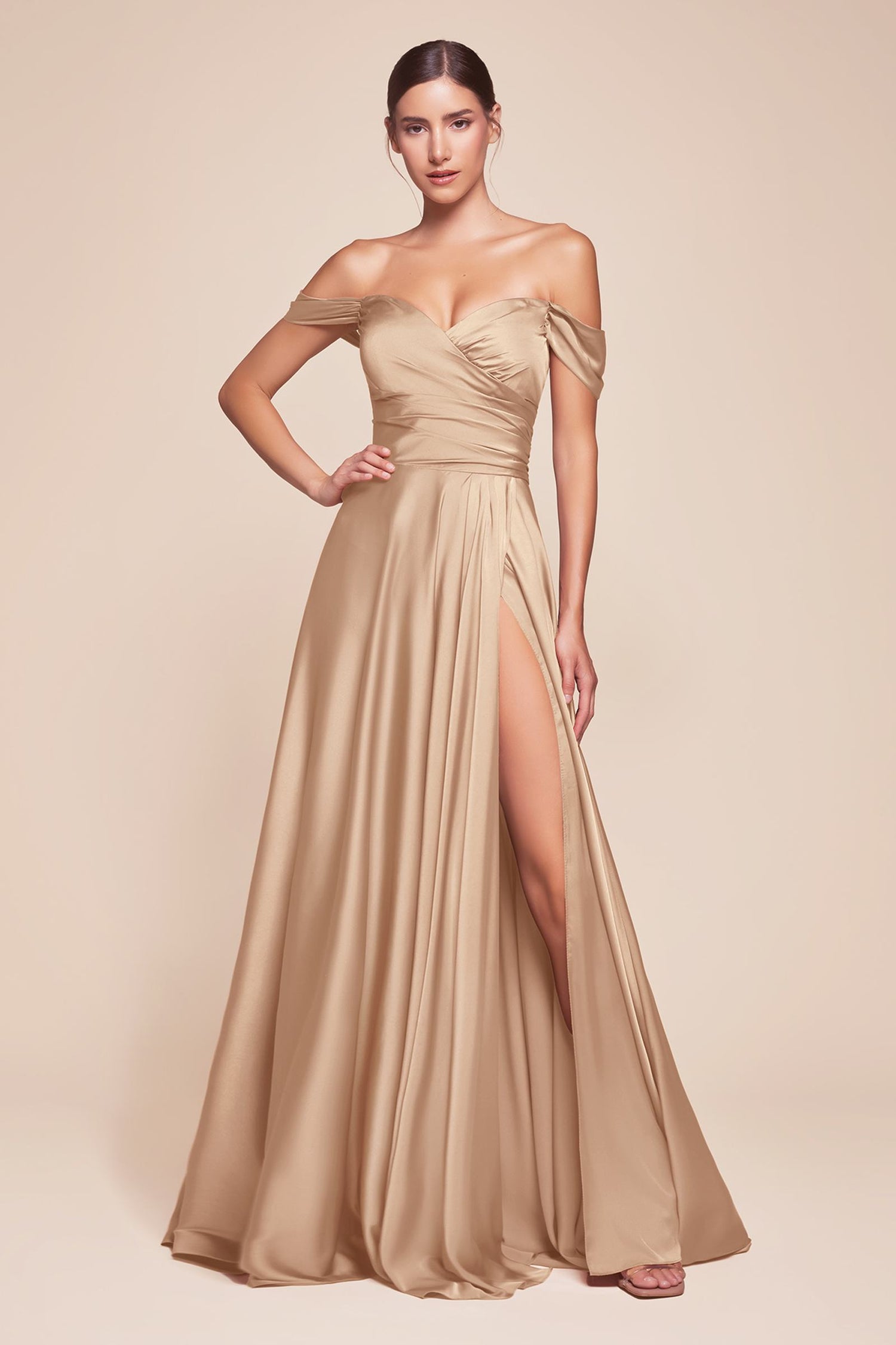 Cinderella Divine 7493C Long Plus Size A-Line Off the Shoulder Satin Dress by DiscountDressShop