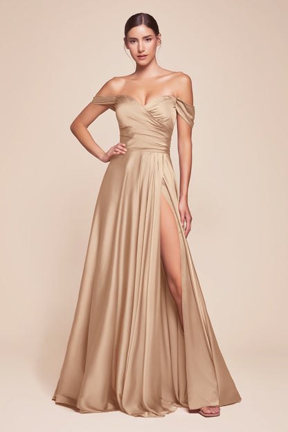 Cinderella Divine 7493C Long Plus Size A-Line Off the Shoulder Satin Dress by DiscountDressShop