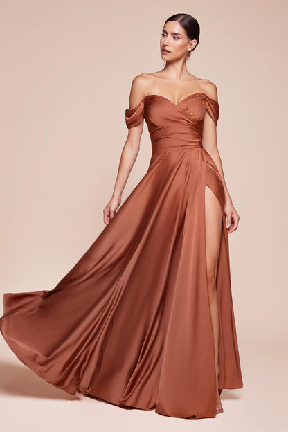 Ladivine 7493 Long A-Line Satin Off the Shoulder Dress by DiscountDressShop