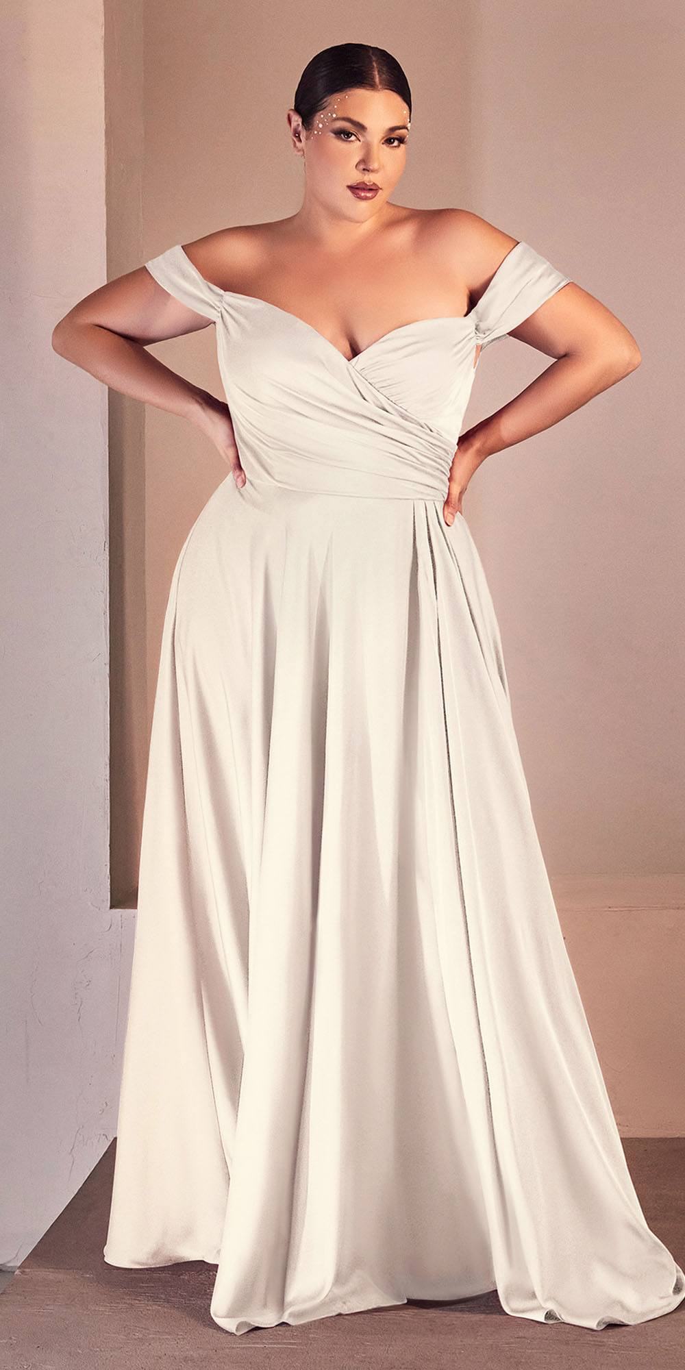 Ladivine 7493W Long A-Line Off the Shoulder Satin Bridal Dress - DestGlow