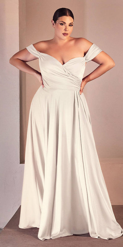 Ladivine 7493W Long A-Line Off the Shoulder Satin Bridal Dress - DestGlow
