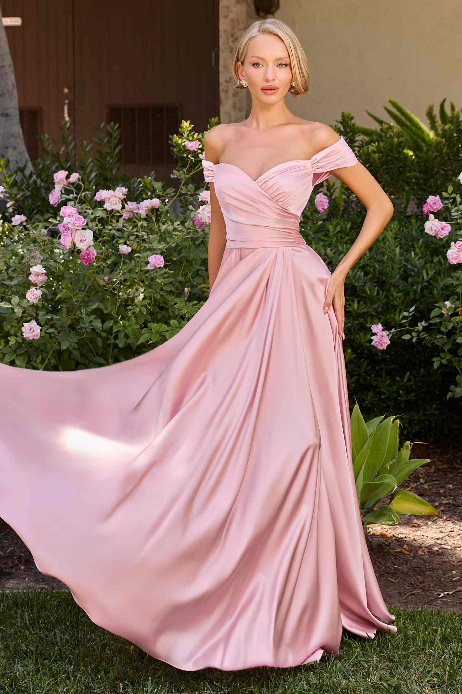 Cinderella Divine 7493C Long Plus Size A-Line Off the Shoulder Satin Dress  DestGlow