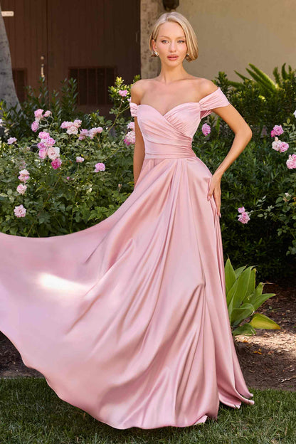 Cinderella Divine 7493C Long Plus Size A-Line Off the Shoulder Satin Dress  DestGlow