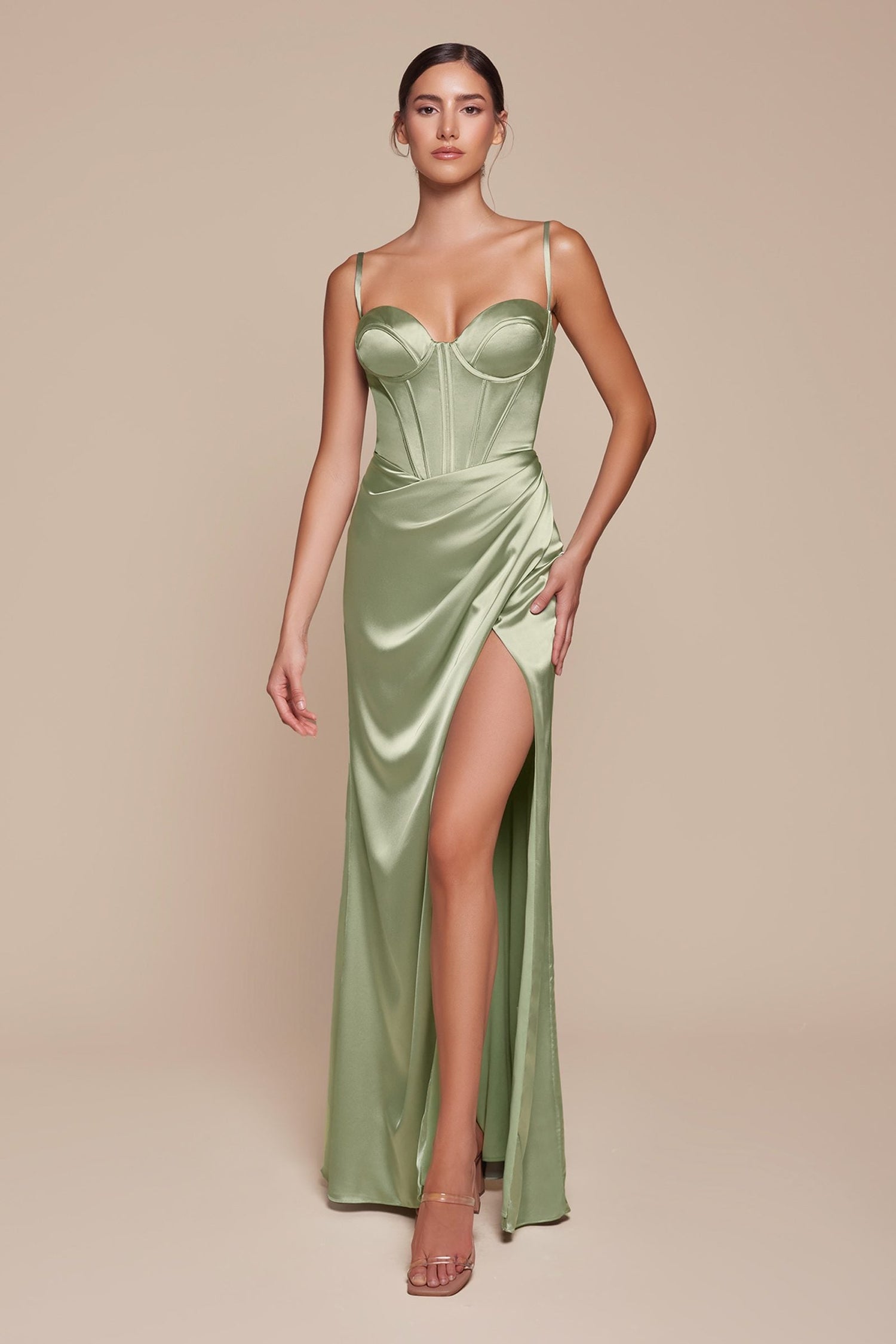 Ladivine 7495 Long Fitted Bustier Satin Draped Gown by DiscountDressShop