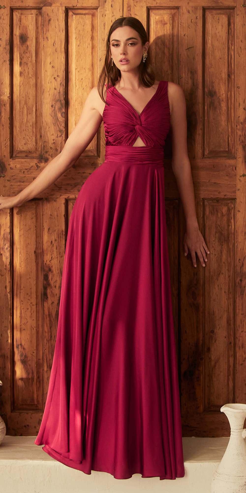 Ladivine 7497 Long A-Line Satin Keyhole Twisted Bodice Formal Gown by DiscountDressShop