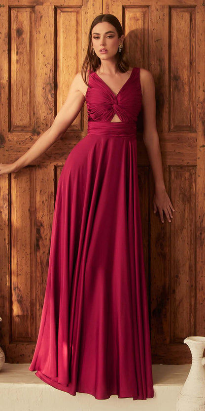 Ladivine 7497 Long A-Line Satin Keyhole Twisted Bodice Formal Gown by DiscountDressShop