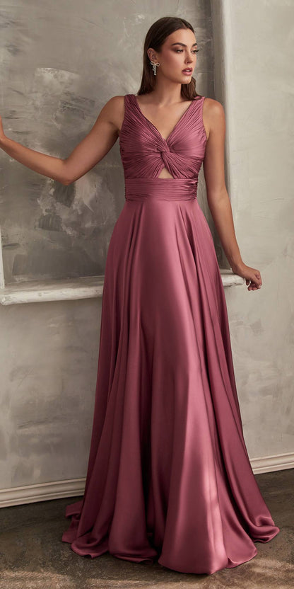 Ladivine 7497 Long A-Line Satin Keyhole Twisted Bodice Formal Gown by DiscountDressShop