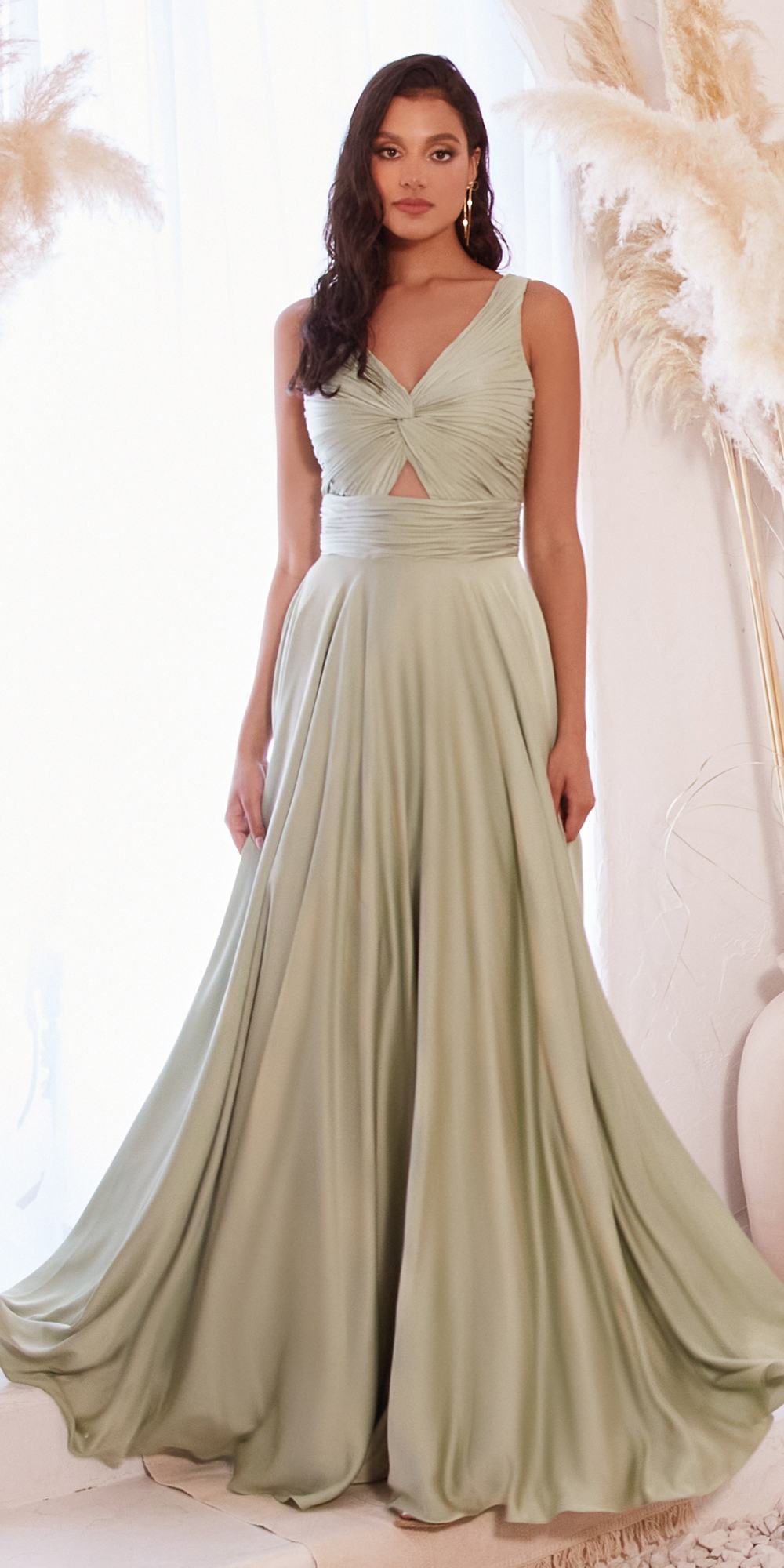Ladivine 7497 Long A-Line Satin Keyhole Twisted Bodice Formal Gown by DiscountDressShop