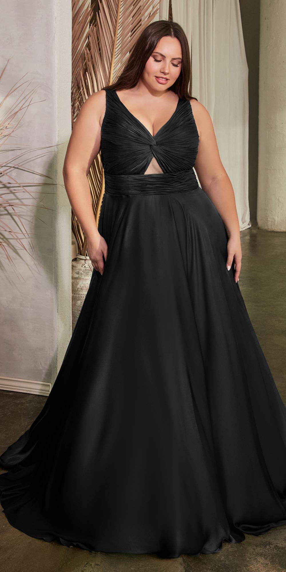 Ladivine 7497 Long A-Line Satin Keyhole Twisted Bodice Formal Gown by DiscountDressShop