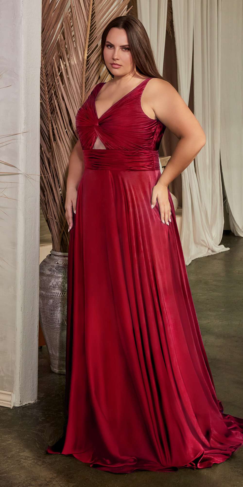 Ladivine 7497 Long A-Line Satin Keyhole Twisted Bodice Formal Gown by DiscountDressShop