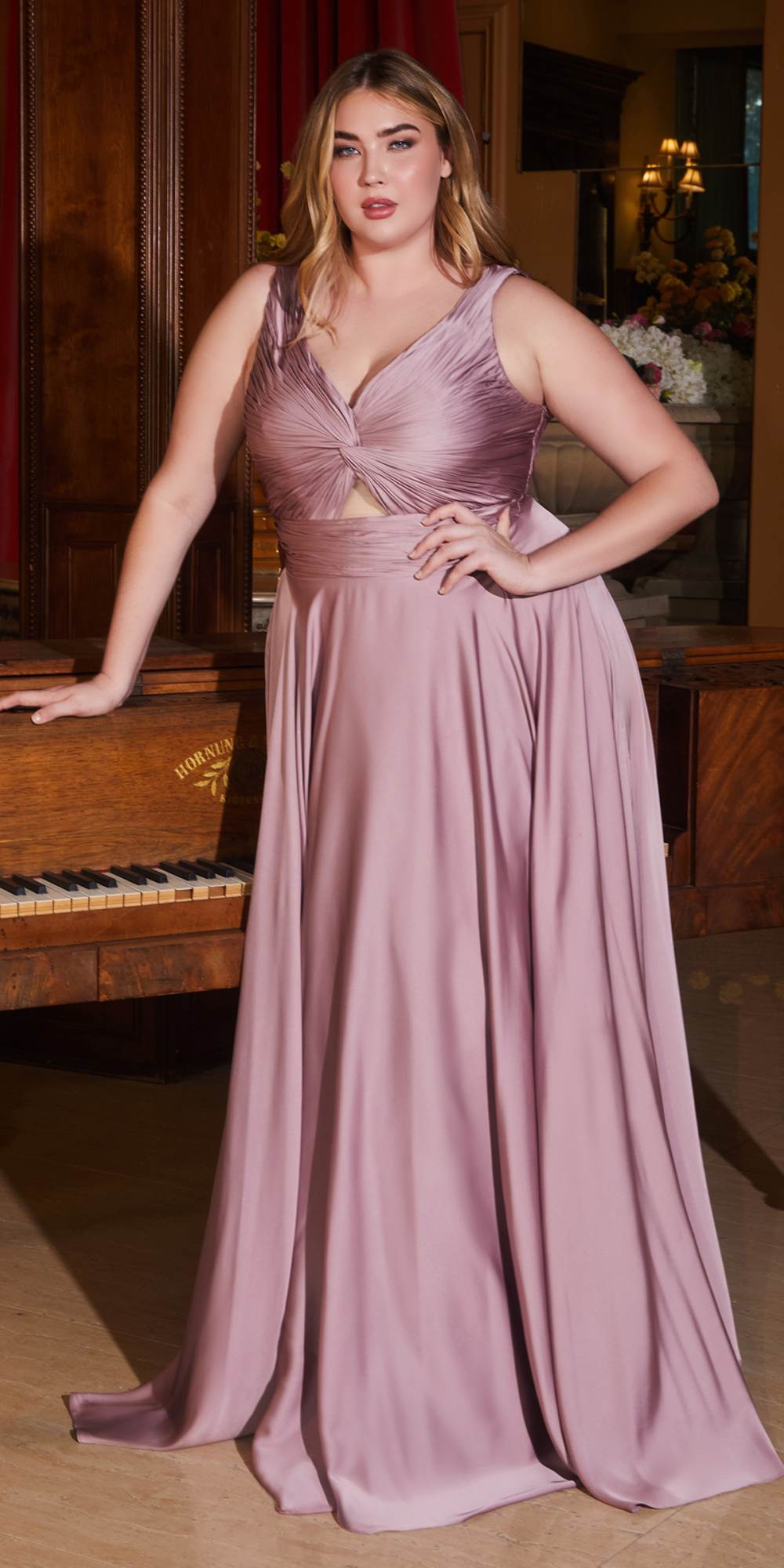 Ladivine 7497 Long A-Line Satin Keyhole Twisted Bodice Formal Gown by DiscountDressShop