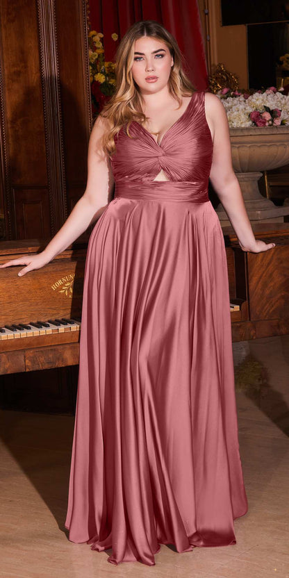 Ladivine 7497 Long A-Line Satin Keyhole Twisted Bodice Formal Gown by DiscountDressShop