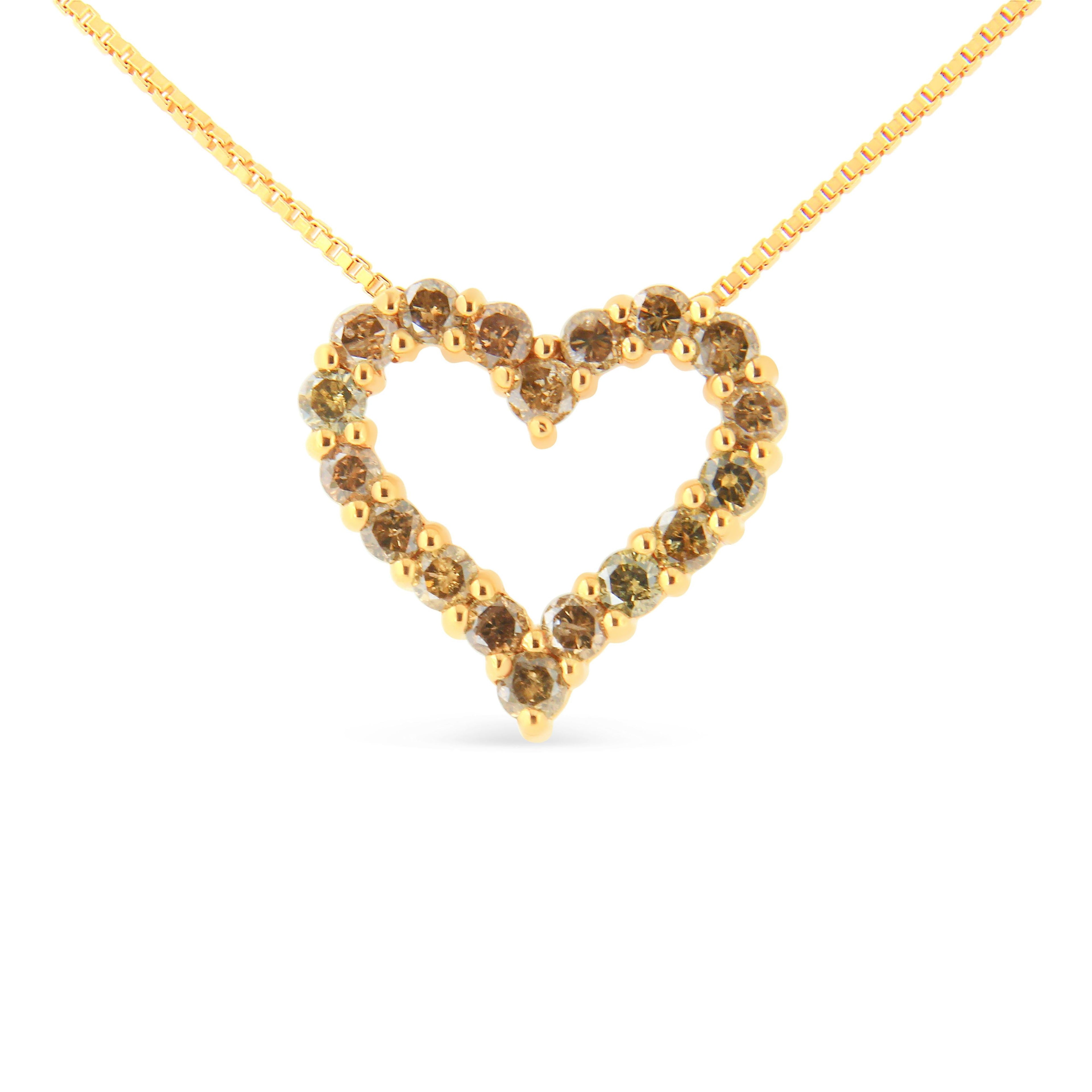 14K Yellow Gold Plated .925 Sterling Silver 1.0 Cttw Champagne Diamond Heart Pendant Necklace (K-L Color, I1-I2 Clarity) - 18" by Bids.com