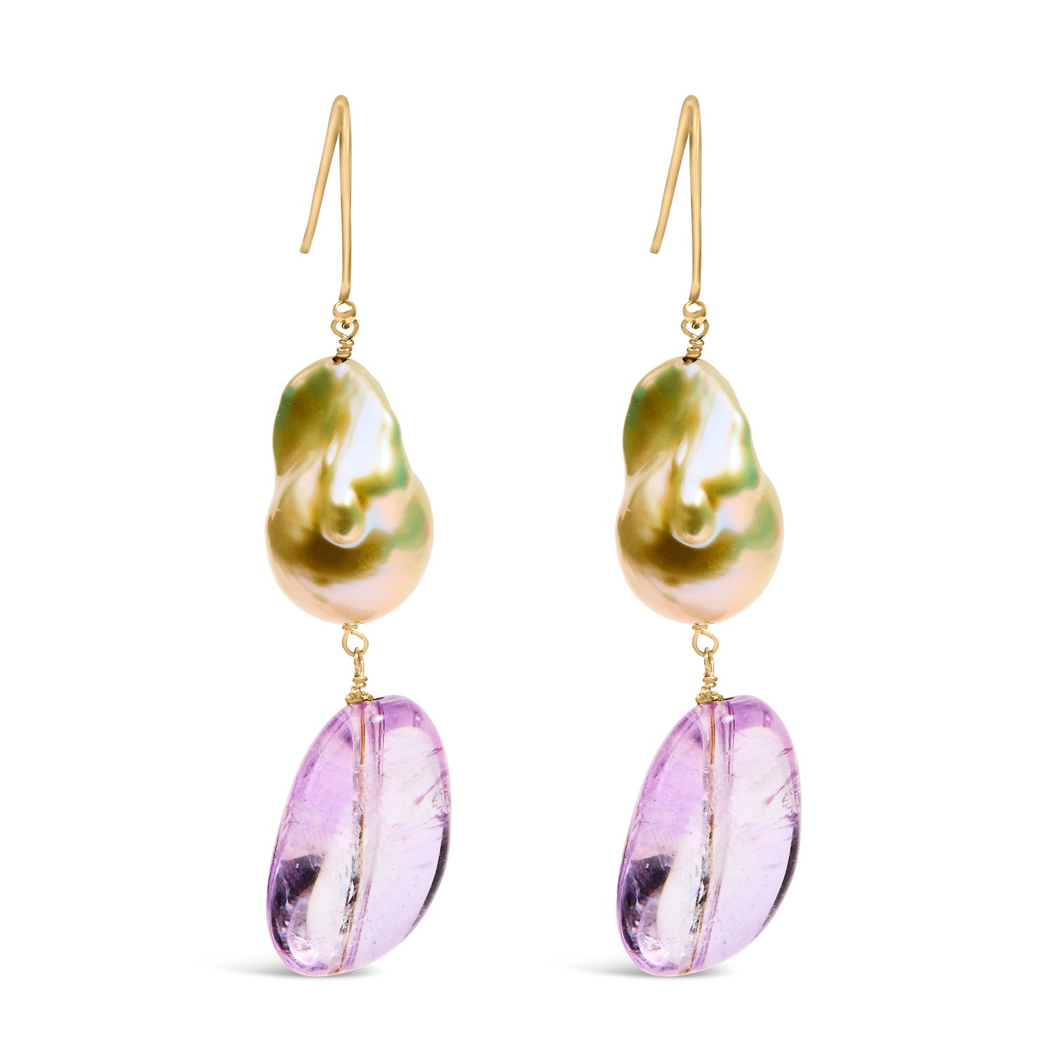 14K Yellow Gold Amethyst and Baroque Pearl Drop and Dangle Earrings 2" Inch Dangle Length by Bids.com
