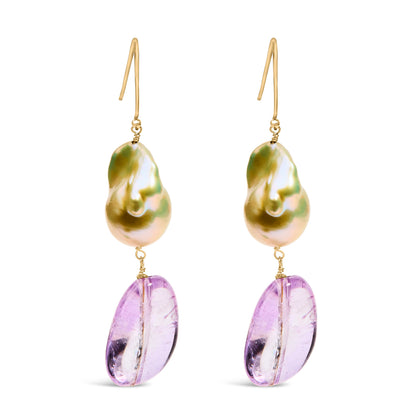 14K Yellow Gold Amethyst and Baroque Pearl Drop and Dangle Earrings 2" Inch Dangle Length by Bids.com