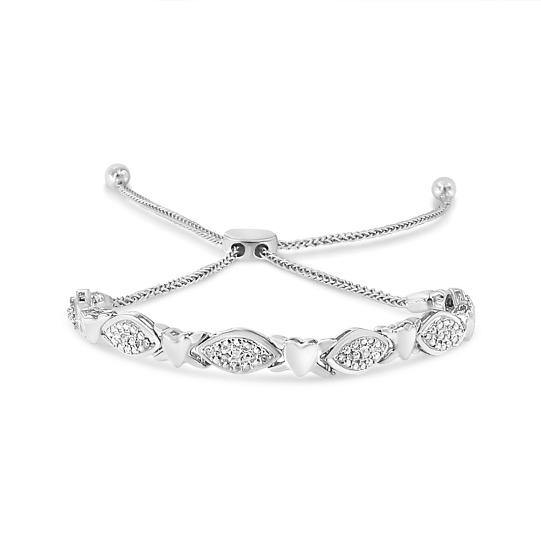 14K Yellow Gold Plated .925 Sterling Silver Diamond Accent Alternating Marquise Shape and Heart Links Bolo Bracelet (I-J Color, I3 Clarity) - Adjustable 6" to 9" by Bids.com