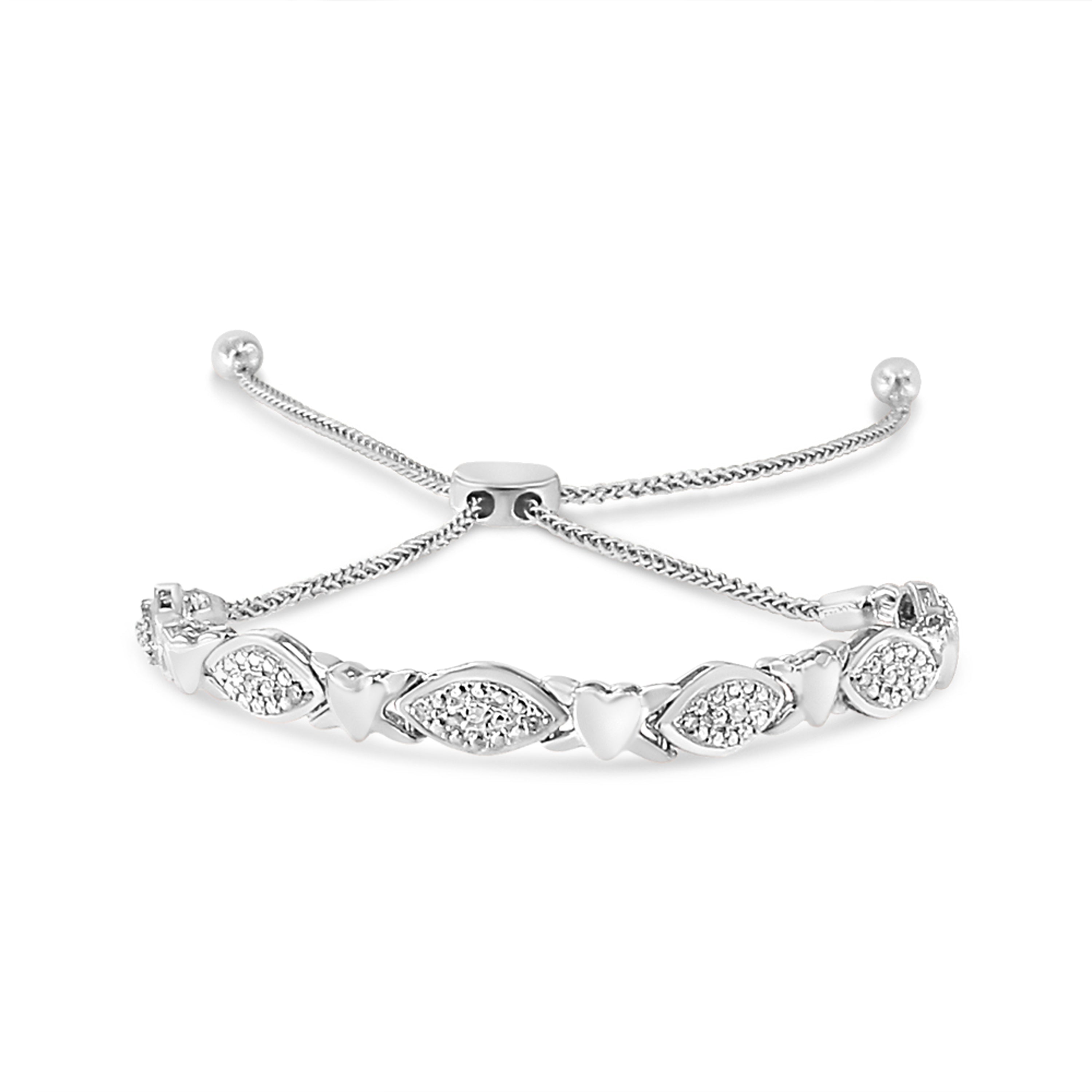 14K Yellow Gold Plated .925 Sterling Silver Diamond Accent Alternating Marquise Shape and Heart Links Bolo Bracelet (I-J Color, I3 Clarity) - Adjustable 6" to 9" by Bids.com