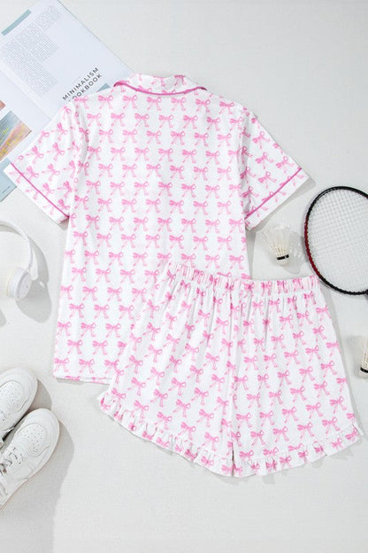 Women's Pink Bow Print Pajama Set - Short Sleeve Top & Ruffled Shorts
