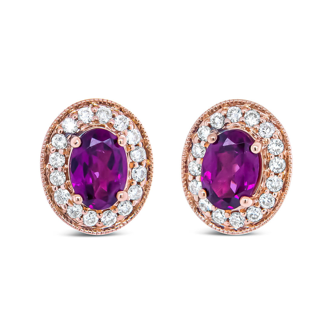 14K Rose Gold 7x5mm Oval Cut Garnet and 3/8 Cttw Round Diamond Halo Stud Earrings (G-H Color, SI1-SI2 Clarity) by Bids.com
